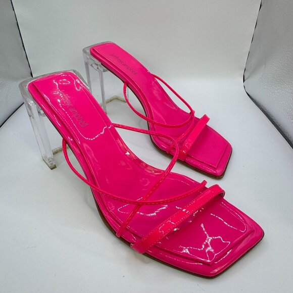 Jeffrey Campbell Pink Neon Patent Sandals Sz 8 Clear Block Heels - Picture 1 of 8